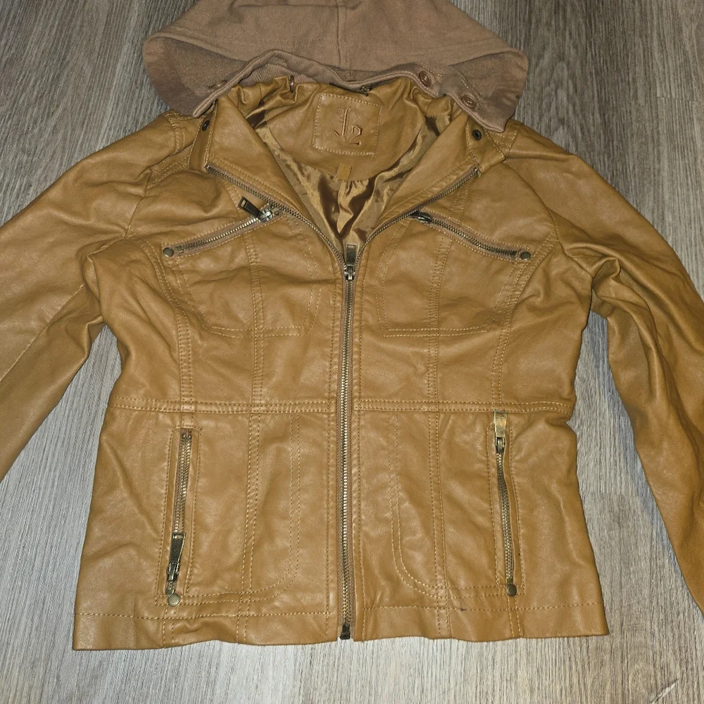 Tan Leather Hooded Jacket for Girls